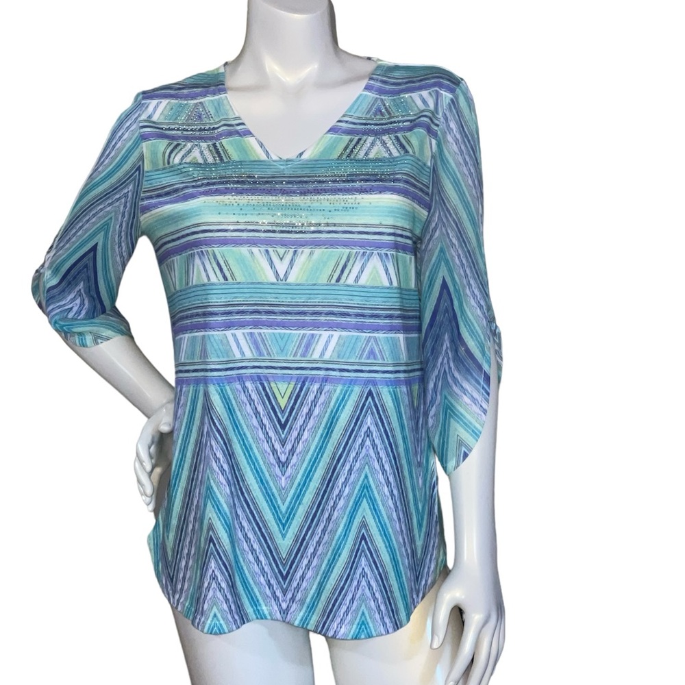 SOLD Chico's Blue Chevron Top SparkleV-Neck Sheer Slightly Flutter Sleeve Sz1